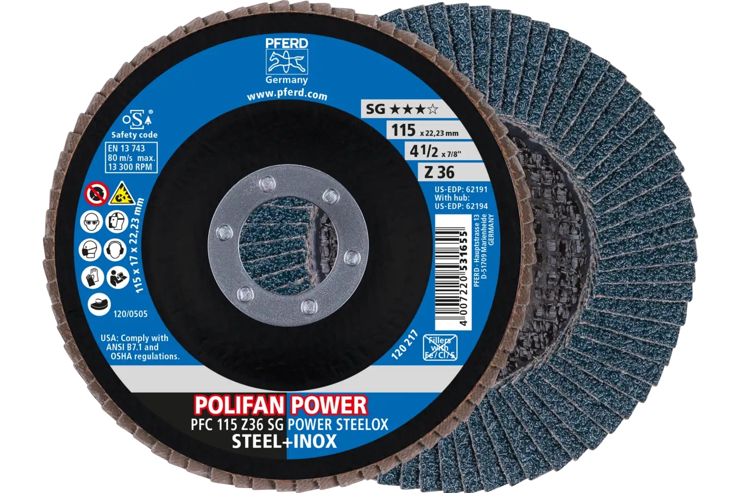 Picture of Pferd Flap Disc, 4-1/2" x 7/8, Z SG Power Steelox, 36 Grit, T29, Conical, Zirconia